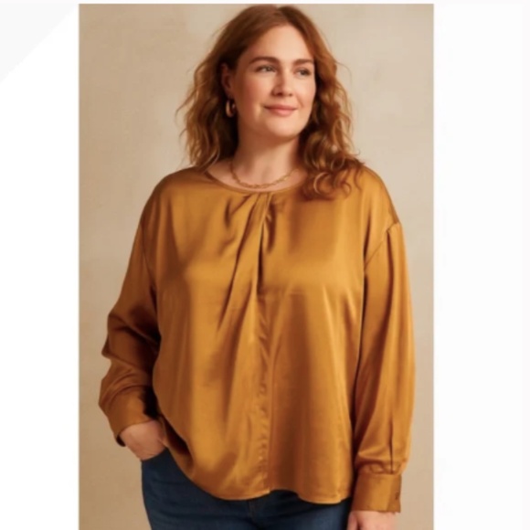 Worthington Satin Effect Gold Long Sleeve Blouse Women Size 3X Plus Career Work - Picture 1 of 6